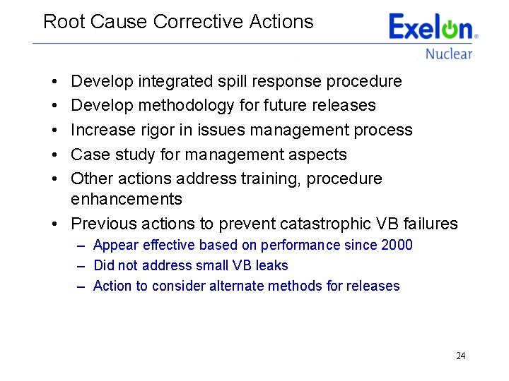 Root Cause Corrective Actions • • • Develop integrated spill response procedure Develop methodology