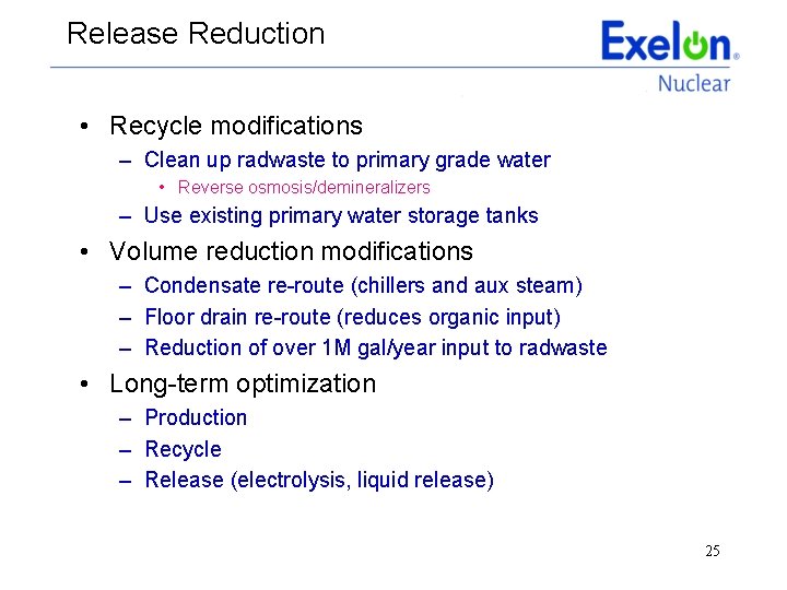 Release Reduction • Recycle modifications – Clean up radwaste to primary grade water •