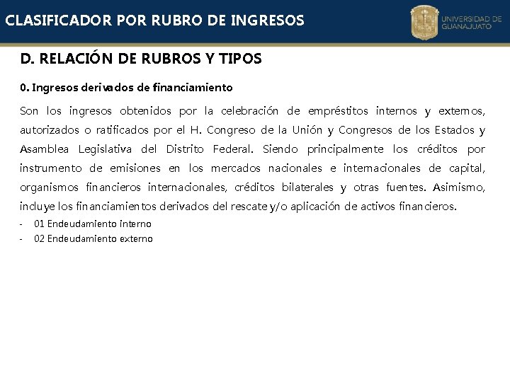 CLASIFICADOR POR RUBRO DE INGRESOS D. RELACIÓN DE RUBROS Y TIPOS 0. Ingresos derivados CLASIFICADOR POR RUBRO DE INGRESOS D. RELACIÓN DE RUBROS Y TIPOS 0. Ingresos derivados
