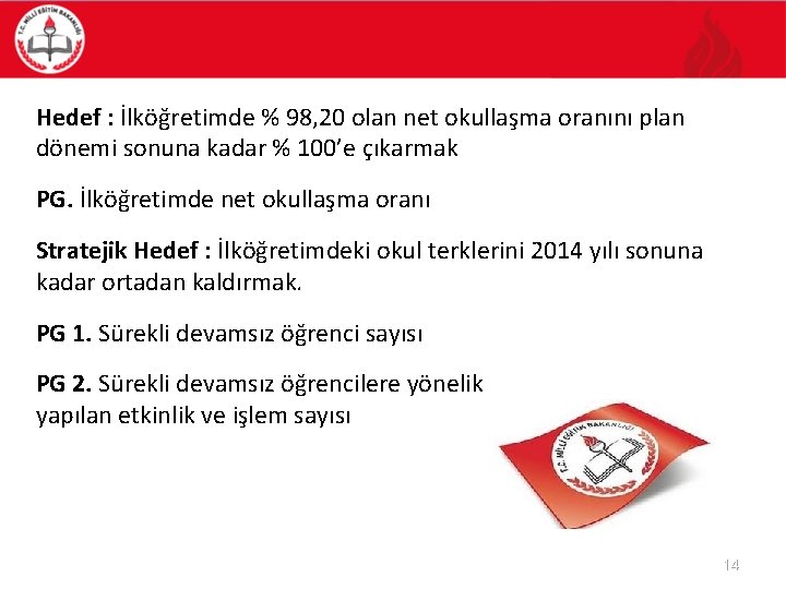 Hedef : İlköğretimde % 98, 20 olan net okullaşma oranını plan dönemi sonuna kadar