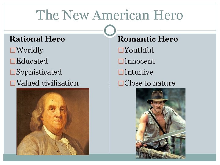The New American Hero Rational Hero �Worldly �Educated �Sophisticated �Valued civilization Romantic Hero �Youthful
