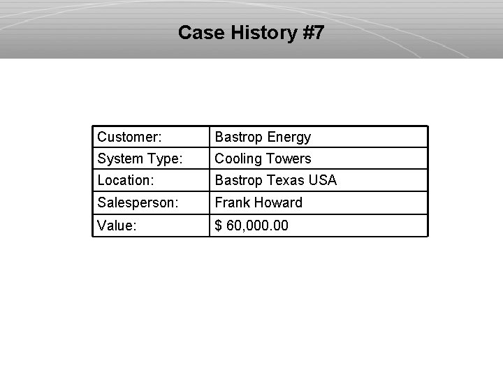 Case History #7 Customer: Bastrop Energy System Type: Cooling Towers Location: Bastrop Texas USA