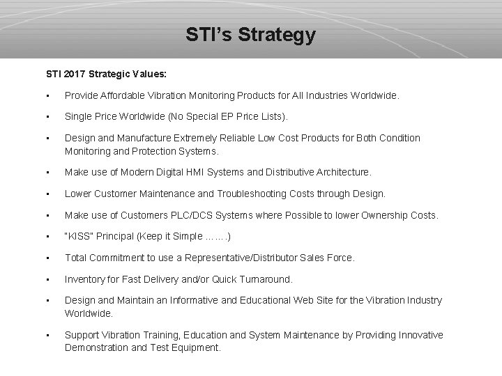 STI’s Strategy STI 2017 Strategic Values: • Provide Affordable Vibration Monitoring Products for All