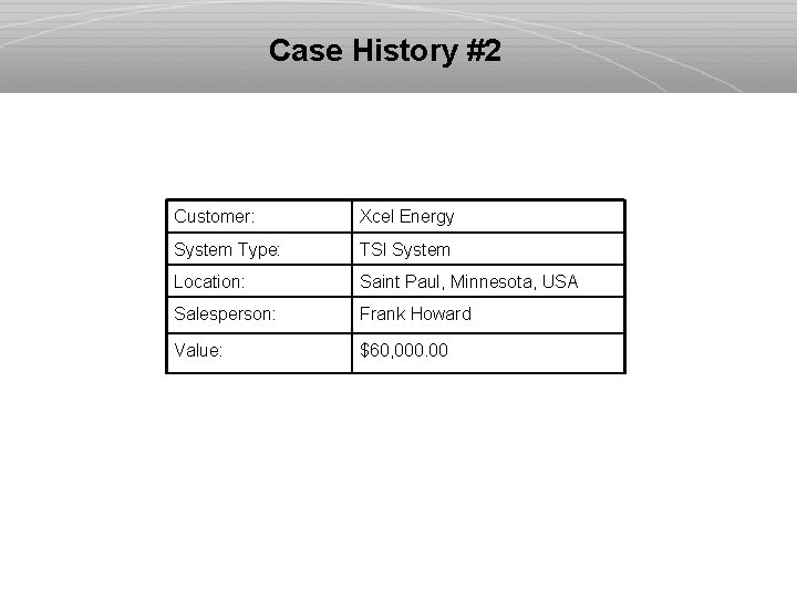 Case History #2 Customer: Xcel Energy System Type: TSI System Location: Saint Paul, Minnesota,