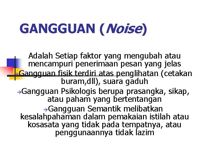 GANGGUAN (Noise) Adalah Setiap faktor yang mengubah atau mencampuri penerimaan pesan yang jelas Gangguan
