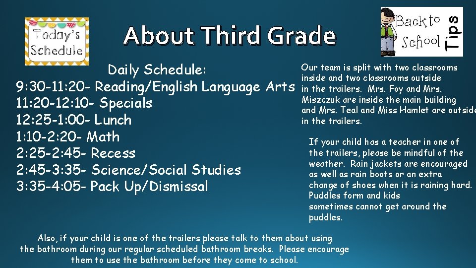 About Third Grade Daily Schedule: 9: 30 -11: 20 - Reading/English Language Arts 11: