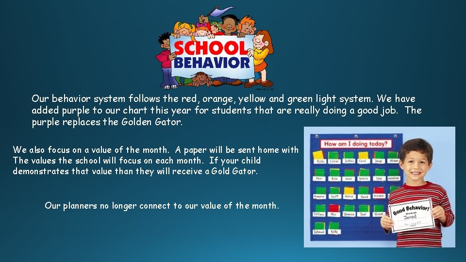 Our behavior system follows the red, orange, yellow and green light system. We have