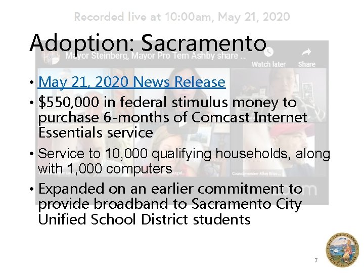 Adoption: Sacramento • May 21, 2020 News Release • $550, 000 in federal stimulus