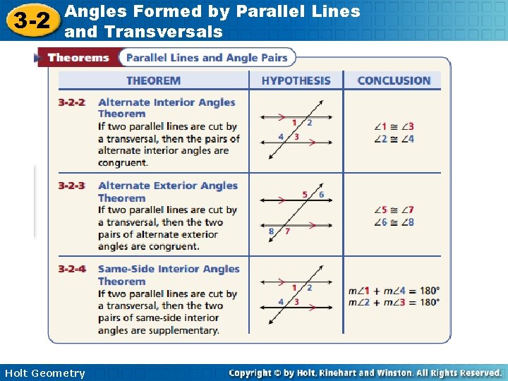 3 -2 Angles Formed by Parallel Lines and Transversals Holt Geometry 3 -2 Angles Formed by Parallel Lines and Transversals Holt Geometry