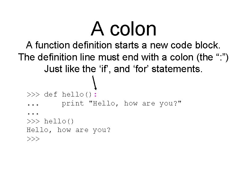 A colon A function definition starts a new code block. The definition line must