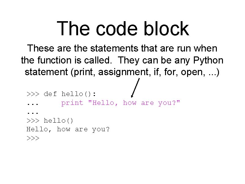 The code block These are the statements that are run when the function is