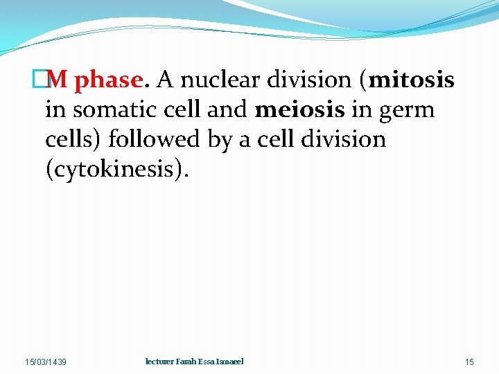 �M phase. A nuclear division (mitosis in somatic cell and meiosis in germ cells)