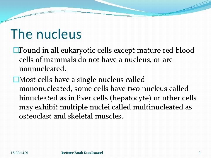 The nucleus �Found in all eukaryotic cells except mature red blood cells of mammals