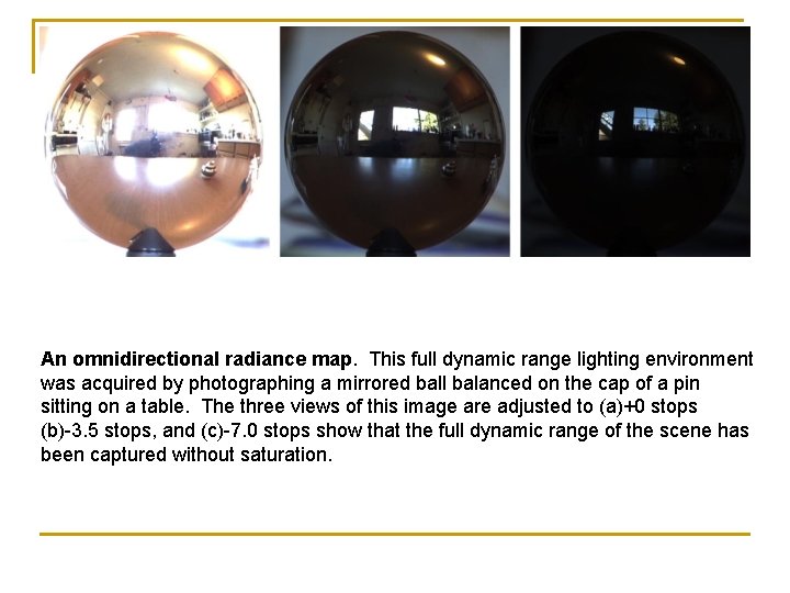 An omnidirectional radiance map. This full dynamic range lighting environment was acquired by photographing
