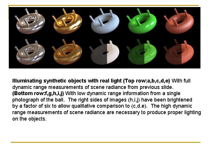Illuminating synthetic objects with real light (Top row: a, b, c, d, e) With