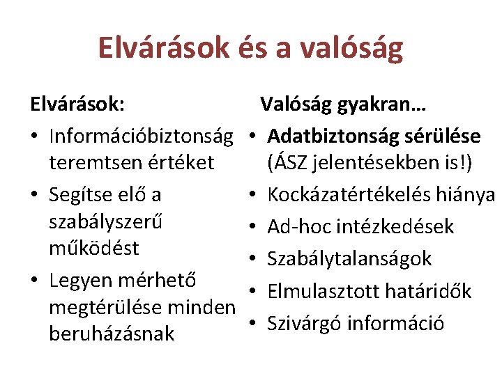 Elvárások és a valóság Elvárások: • Információbiztonság teremtsen értéket • Segítse elő a szabályszerű