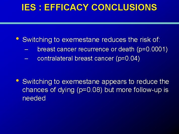 IES : EFFICACY CONCLUSIONS • Switching to exemestane reduces the risk of: – –