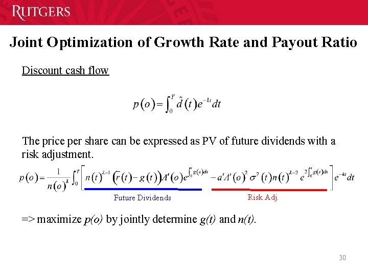 Joint Optimization of Growth Rate and Payout Ratio Discount cash flow The price per
