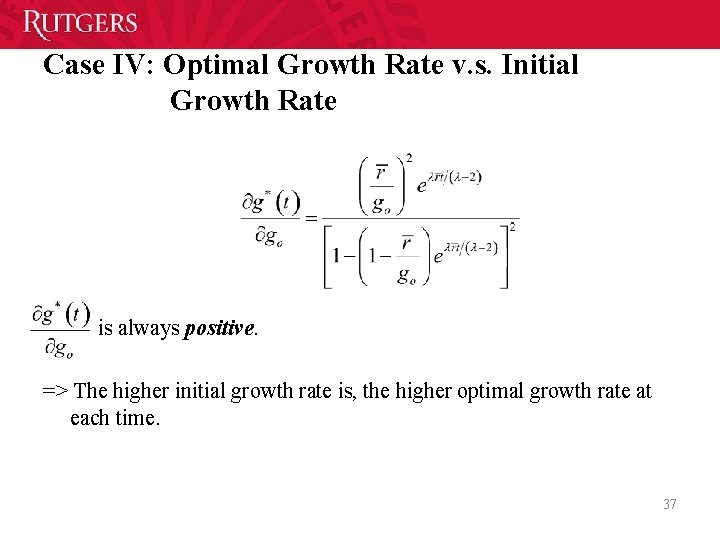 Case IV: Optimal Growth Rate v. s. Initial Growth Rate is always positive. =>