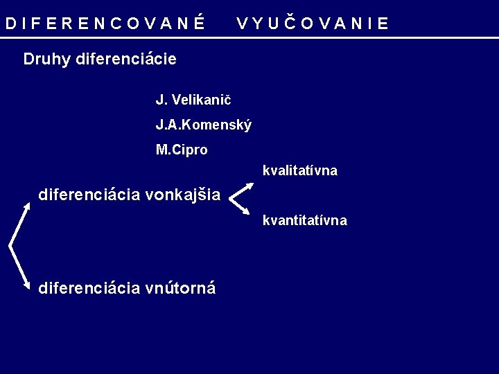 DIFERENCOVANÉ VYUČOVANIE Druhy diferenciácie J. Velikanič J. A. Komenský M. Cipro kvalitatívna diferenciácia vonkajšia