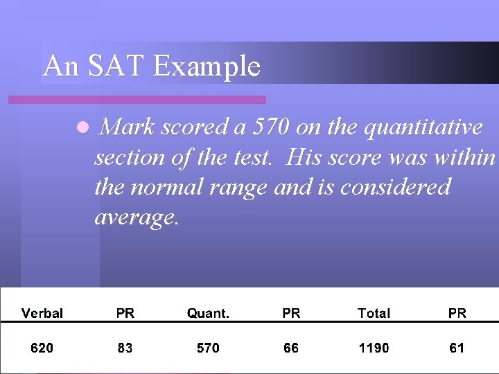 An SAT Example l Mark scored a 570 on the quantitative section of the
