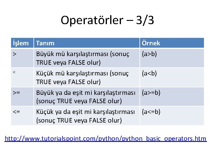 Operatörler – 3/3 İşlem Tanım > Büyük mü karşılaştırması (sonuç TRUE veya FALSE olur)