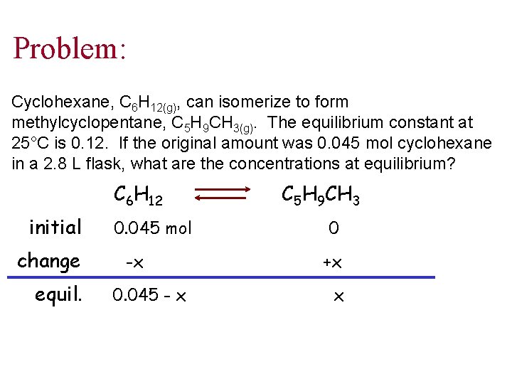 Problem: Cyclohexane, C 6 H 12(g), can isomerize to form methylcyclopentane, C 5 H