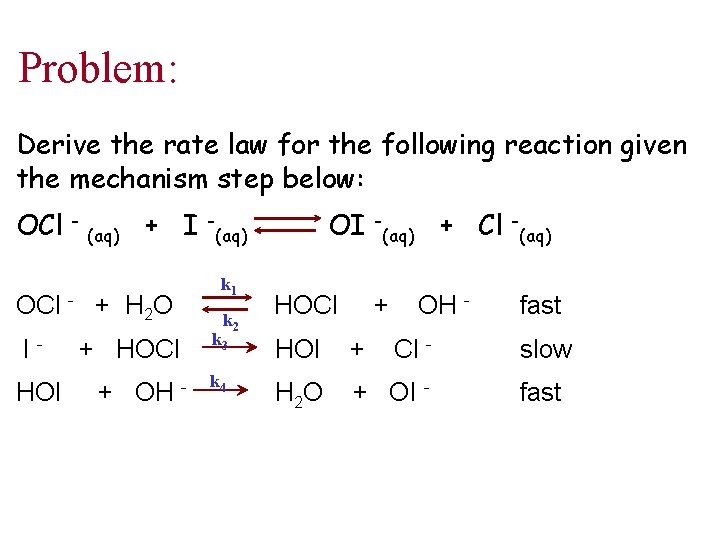 Problem: Derive the rate law for the following reaction given the mechanism step below: