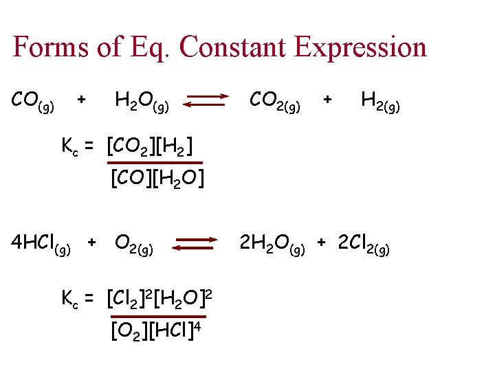 Forms of Eq. Constant Expression CO(g) + H 2 O(g) CO 2(g) + H