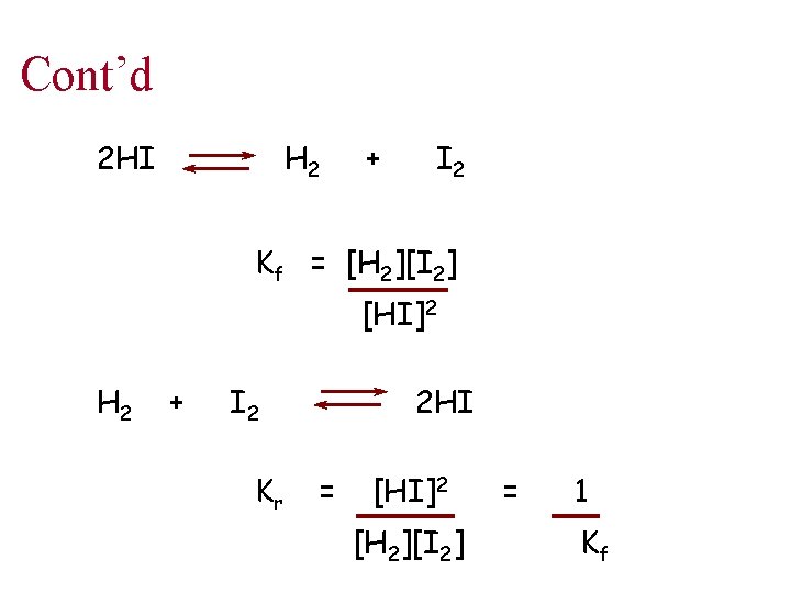 Cont’d 2 HI H 2 + I 2 Kf = [H 2][I 2] [HI]2