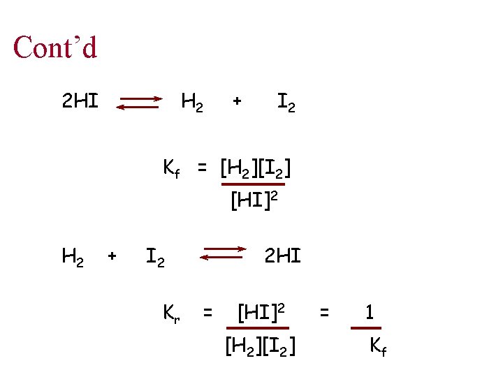 Cont’d 2 HI H 2 + I 2 Kf = [H 2][I 2] [HI]2