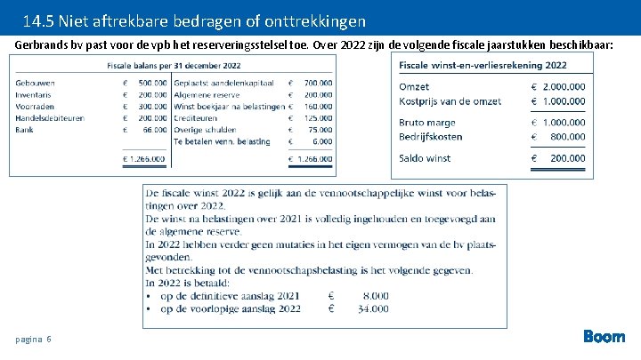 14. 5 Niet aftrekbare bedragen of onttrekkingen Gerbrands bv past voor de vpb het