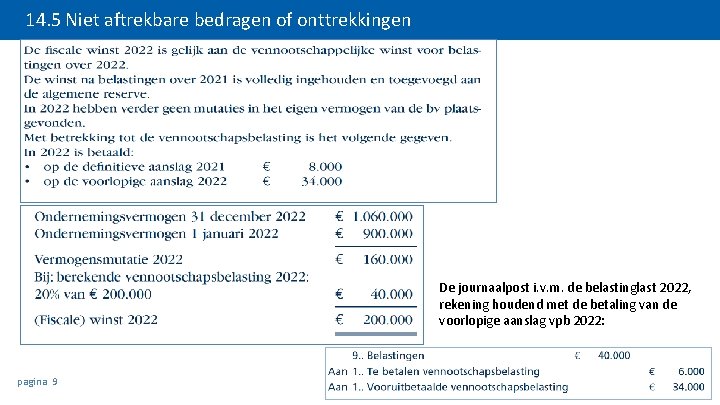 14. 5 Niet aftrekbare bedragen of onttrekkingen De journaalpost i. v. m. de belastinglast