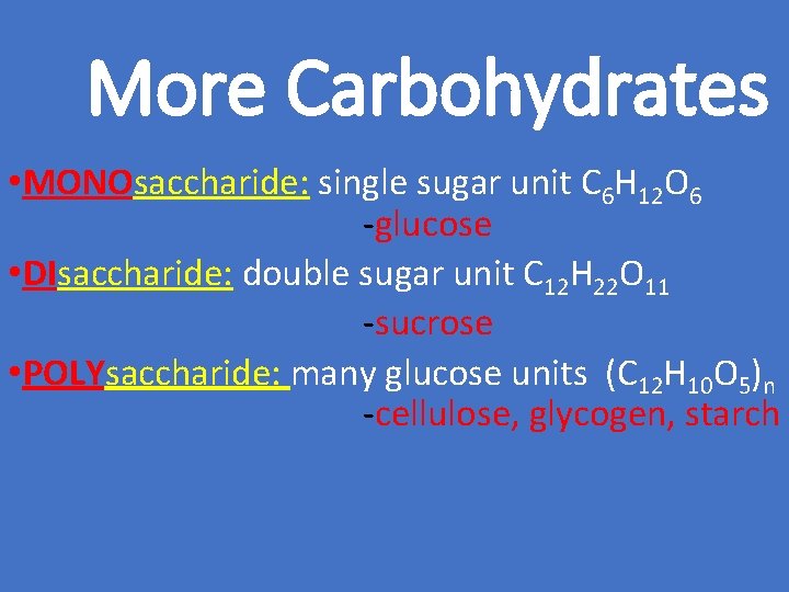 More Carbohydrates • MONOsaccharide: single sugar unit C 6 H 12 O 6 -glucose