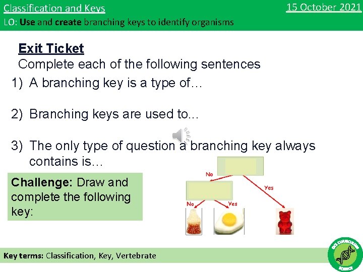 Classification and Keys 15 October 2021 LO: Use and create branching keys to identify