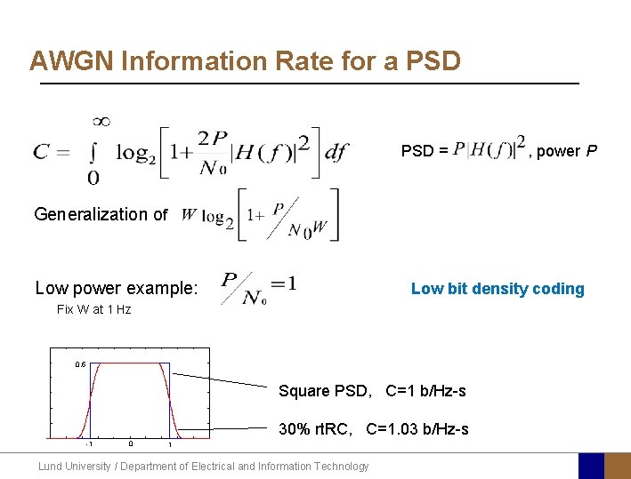 AWGN Information Rate for a PSD = , power P Generalization of Low power