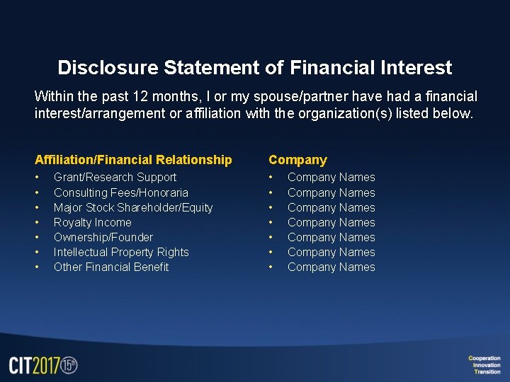 Disclosure Statement of Financial Interest Within the past 12 months, I or my spouse/partner