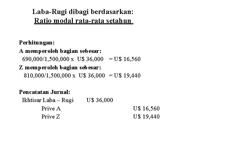 Laba-Rugi dibagi berdasarkan: Ratio modal rata-rata setahun Perhitungan: A memperoleh bagian sebesar: 690, 000/1,