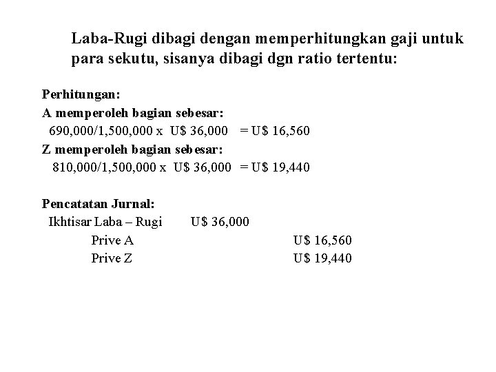 Laba-Rugi dibagi dengan memperhitungkan gaji untuk para sekutu, sisanya dibagi dgn ratio tertentu: Perhitungan: