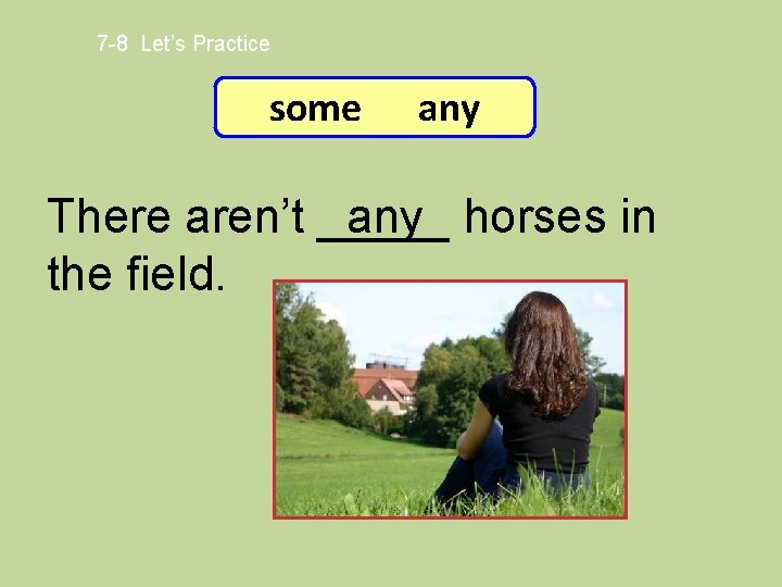 7 -8 Let’s Practice some any There aren’t _____ any horses in the field.