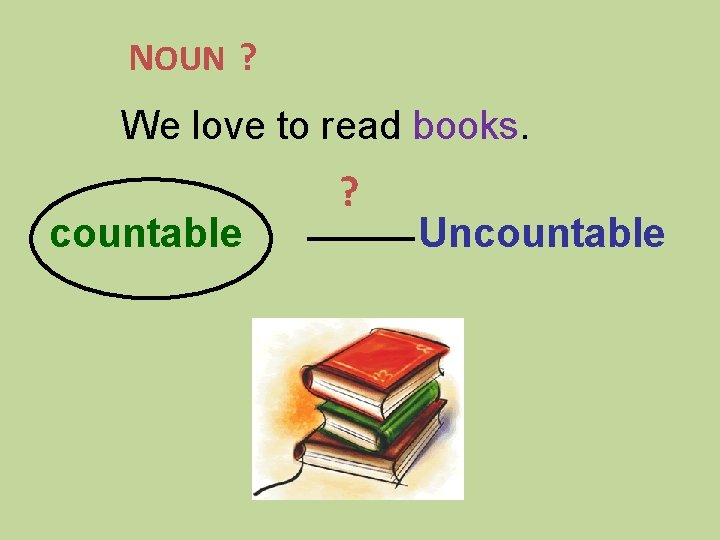 NOUN ? We love to read books. countable ? Uncountable 