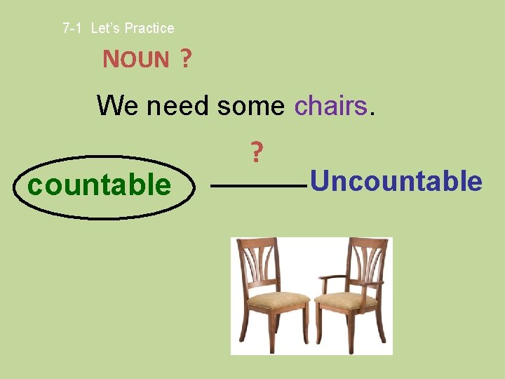 7 -1 Let’s Practice NOUN ? We need some chairs. countable ? Uncountable 