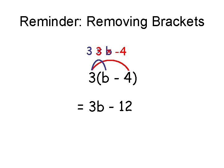 Reminder: Removing Brackets 33 ×× b -4 3(b - 4) = 3 b - Reminder: Removing Brackets 33 ×× b -4 3(b - 4) = 3 b -