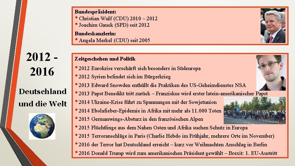 Bundespräsident: • Christian Wulf (CDU) 2010 – 2012 • Joachim Gauck (SPD) seit 2012