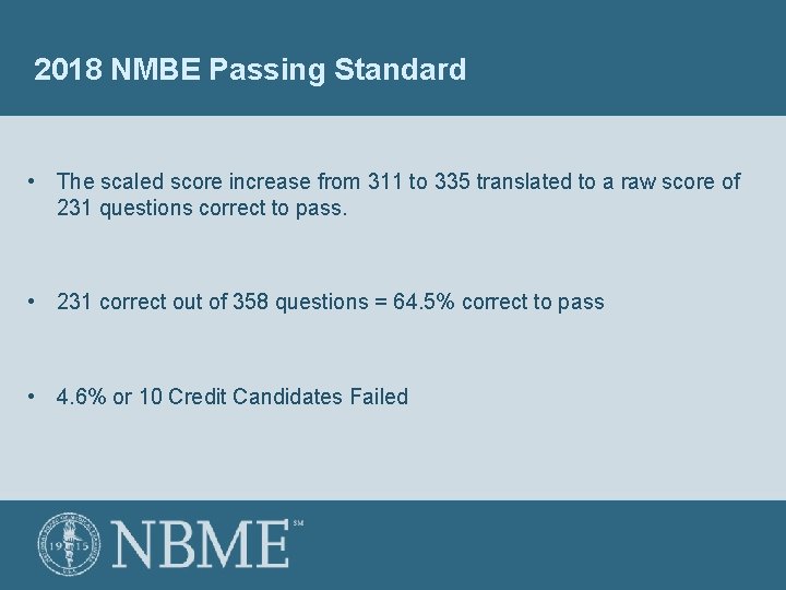 2018 NMBE Passing Standard • The scaled score increase from 311 to 335 translated