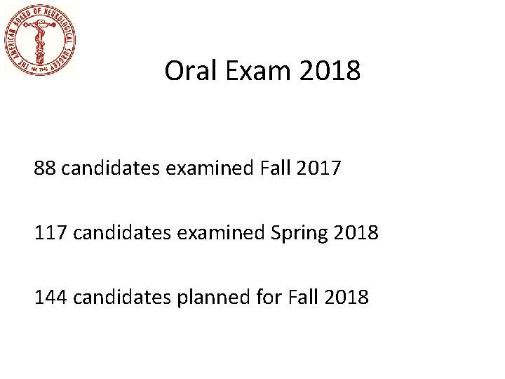 Oral Exam 2018 88 candidates examined Fall 2017 117 candidates examined Spring 2018 144