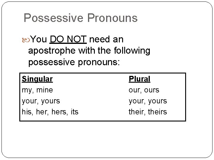 Possessive Pronouns You DO NOT need an apostrophe with the following possessive pronouns: Singular