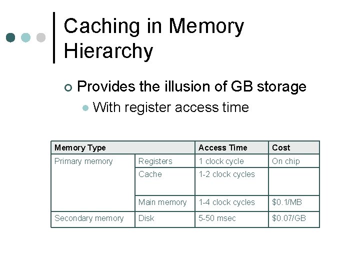 Caching in Memory Hierarchy ¢ Provides the illusion of GB storage l With register