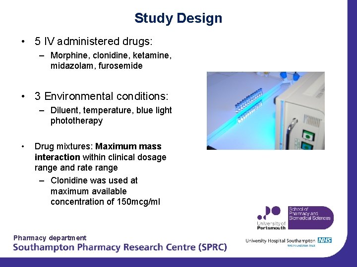 Study Design • 5 IV administered drugs: – Morphine, clonidine, ketamine, midazolam, furosemide •