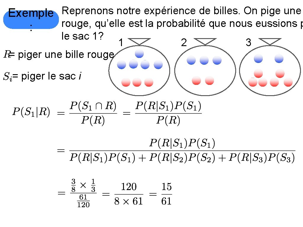 Exemple Reprenons notre expérience de billes. On pige une rouge, qu’elle est la probabilité
